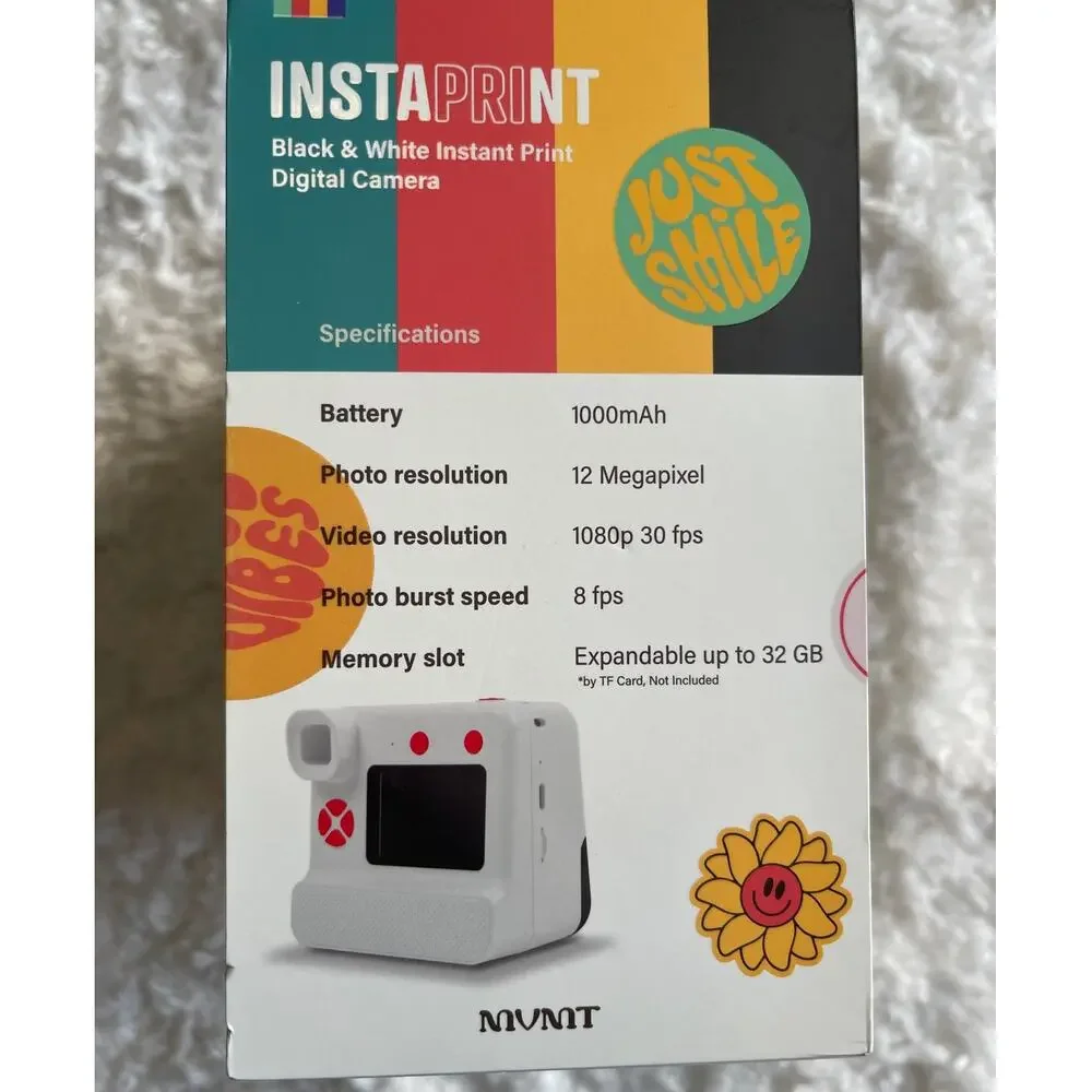 Instaprint Black White Instant Print Digital Camera Self Timer NEW Filet Effects